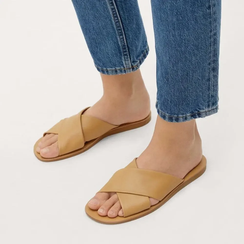 Everlane Day Crossover Sandals Leather Tan Flat Slide Size 7.5 New w/o Box - Picture 4 of 7